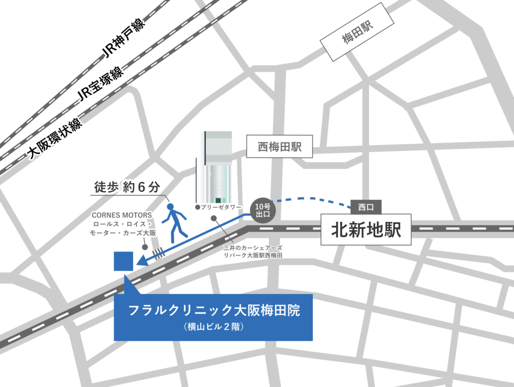 北新地駅からフラルクリニック大阪梅田院地図