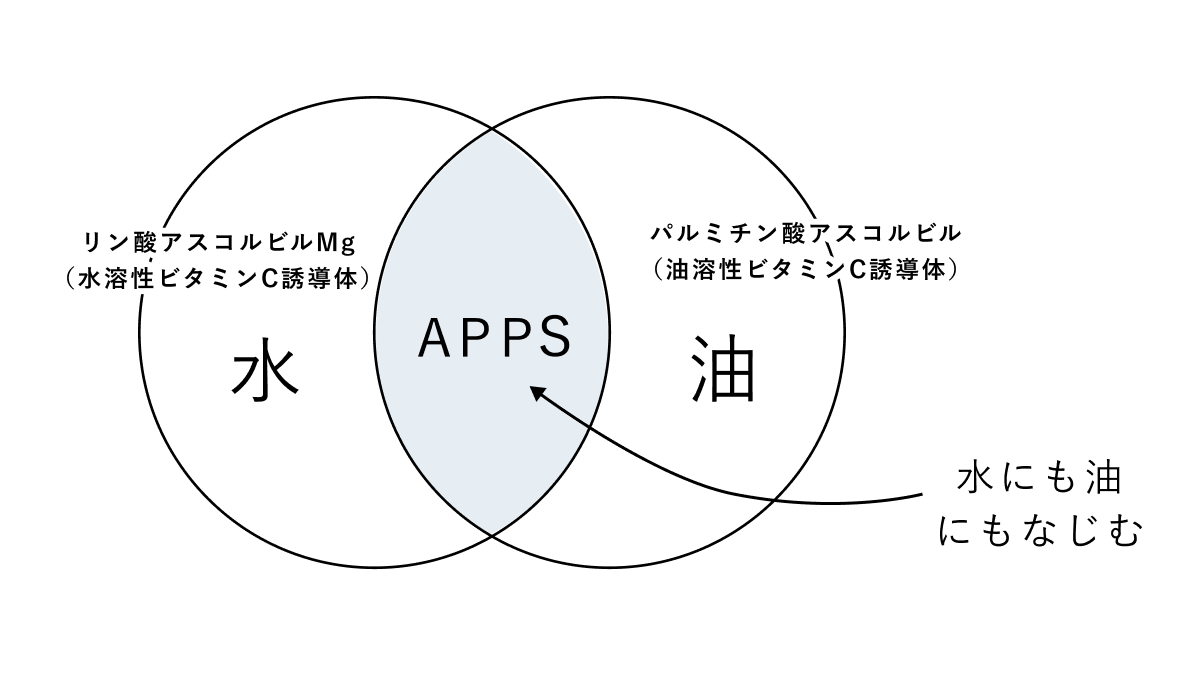 APPSは水溶性ビタミンC誘導体と油溶性ビタミンC誘導体の性質をあわせ持ち、水にも油にもなじむことを示す図